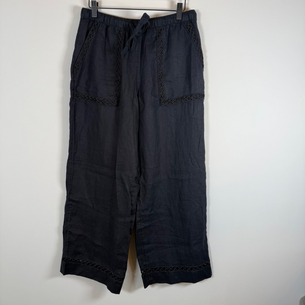 Joie 100% Linen Wide Leg Pull On Pants Small Black Crochet Trim Drawstring Waist